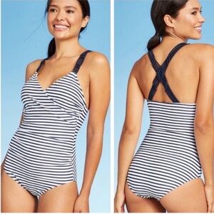 Kona Sol ruched crochet strap navy and white stripe swimsuit